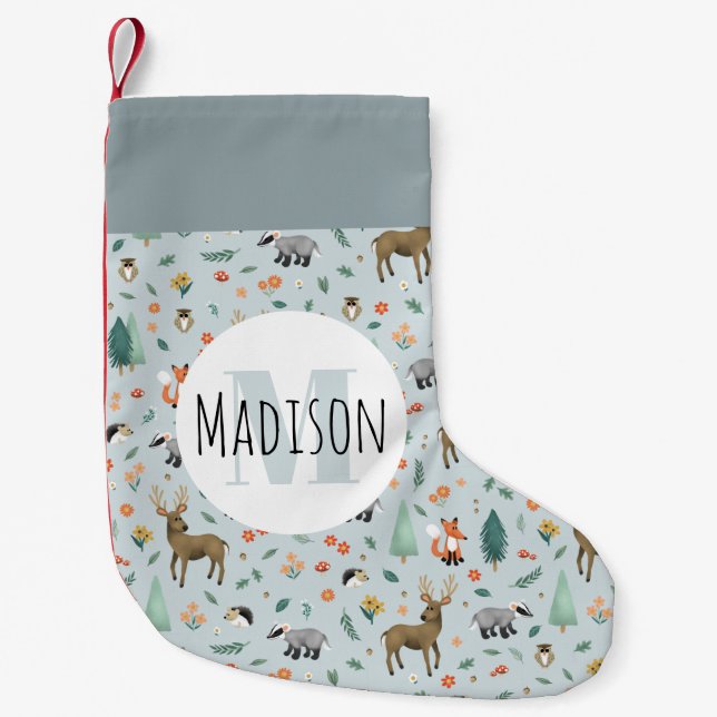 Cute Rustic Woodland Animals Kids Monogram Liten Julstrumpa (Framsidan)