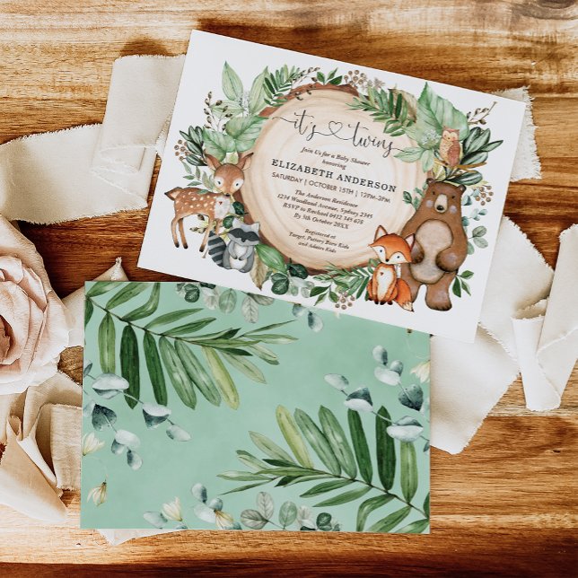 Cute Rustic Woodland Animals Twin Baby Shower Inbjudningar (Skapare uppladdad)