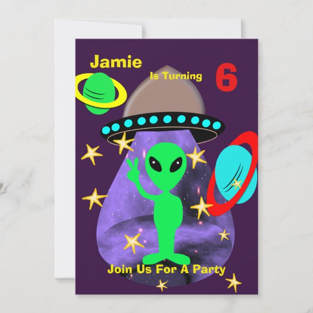 Cute rymden Alien Thned Födelsedagsfest Inbjudningar (Framsida)