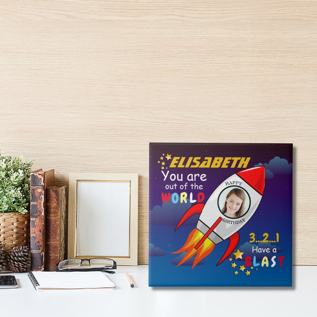Cute Rymden Rocket Frakt Blast från födelsedag Kakelplatta (Skapare uppladdad)