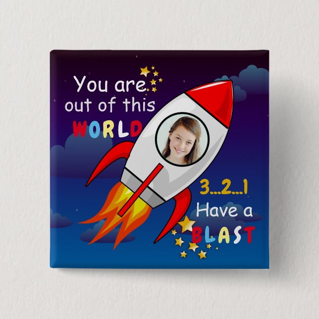 Cute Rymden Rocket Frakt Blast från födelsedag Knapp (Framsida)