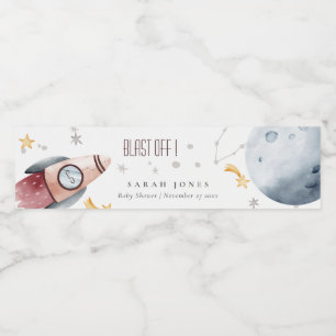 Cute Rymden Starry Planet Rocket Baby Shower Vattenflaskor Etikett