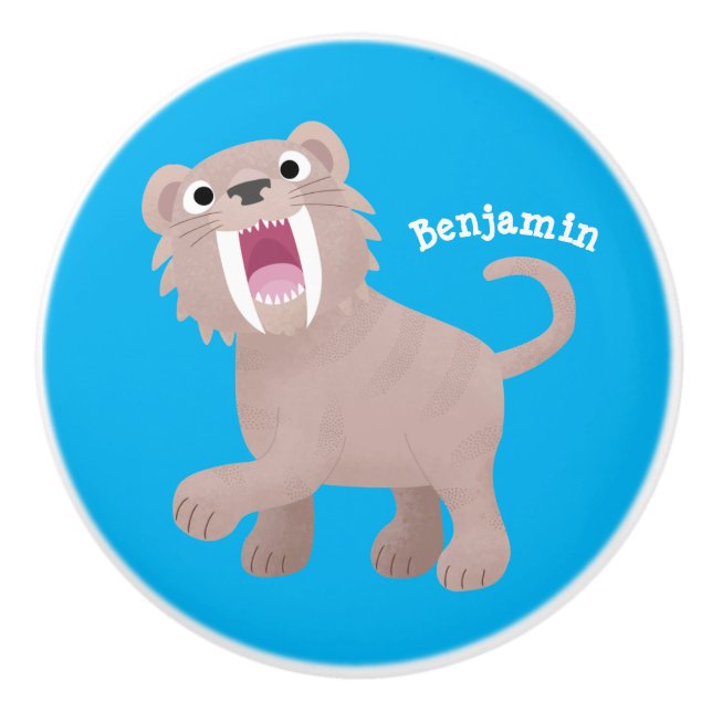 Cute Saber Toothed Tiger Smilodon tecknad Knopp (Framsidan)