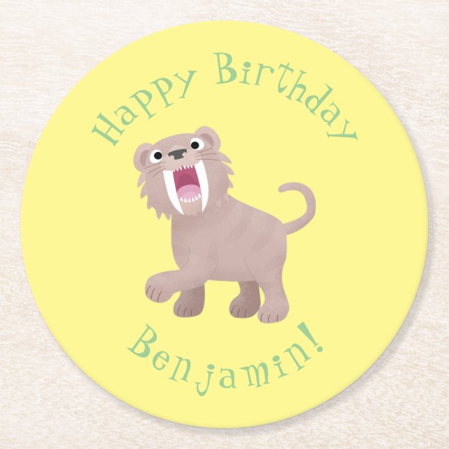 Cute Saber Toothed Tiger Smilodon tecknad Underlägg Papper Rund (Framsidan)