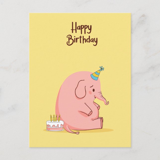 Cute Sad Elephant Birthday Card – Whimsical Pastel Vykort (Framsida)