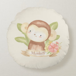 Cute Safari Animal Grönt Rand Baby Monkey Baby Rund Kudde