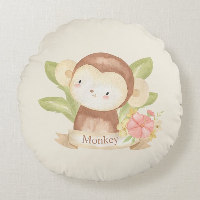 Cute Safari Animal Grönt Rand Baby Monkey Baby Rund Kudde (Framsidan)