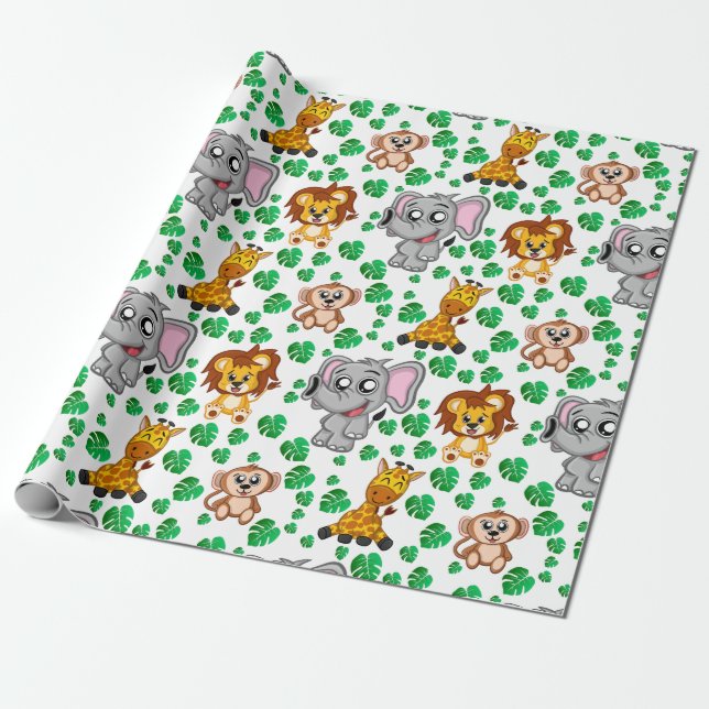 Cute Safari Animal Tecknad Jungle Mönster födelsed Presentpapper (Utrullad)