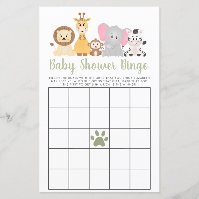 Cute Safari Animals Baby Shower Bingo Game (Framsida)