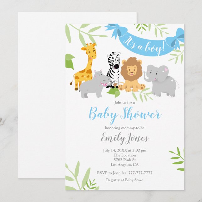 Cute Safari Animals Baby Shower Boy-inbjudan Inbjudningar (Fram/baksida)