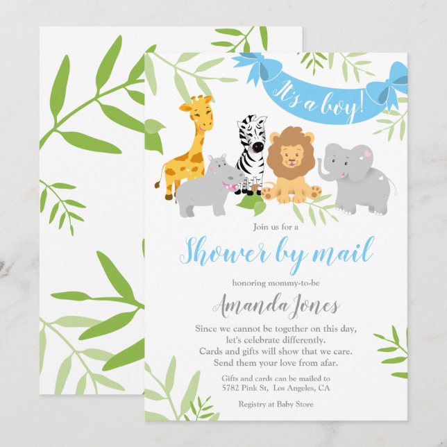 Cute Safari Animals Baby Shower Boy-inbjudan Inbjudningar (Fram/baksida)