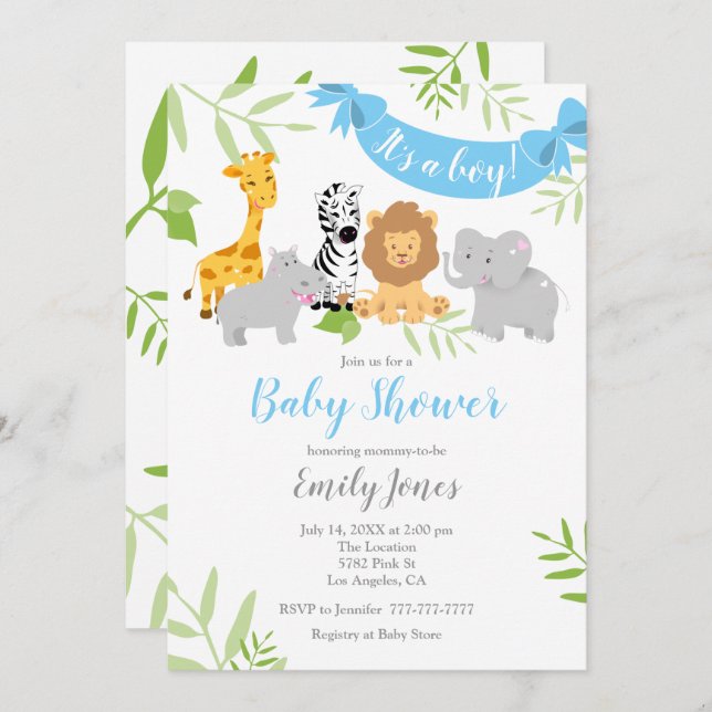 Cute Safari Animals Baby Shower Boy-inbjudan Inbjudningar (Fram/baksida)