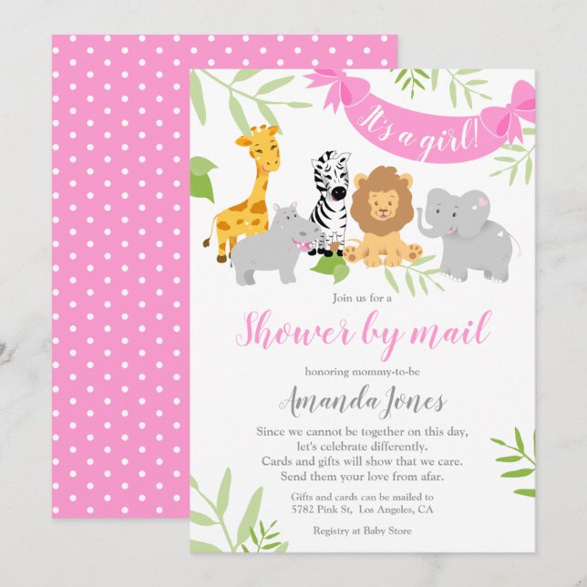 Cute Safari Animals Baby Shower Girl-inbjudan Inbjudningar (Fram/baksida)