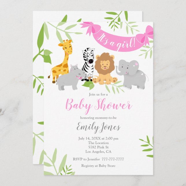 Cute Safari Animals Baby Shower Girl-inbjudan Inbjudningar (Fram/baksida)
