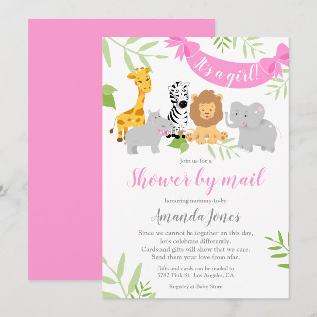 Cute Safari Animals Baby Shower Girl-inbjudan Inbjudningar (Fram/baksida)