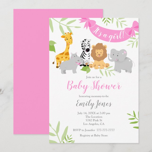 Cute Safari Animals Baby Shower Girl-inbjudan Inbjudningar (Fram/baksida)