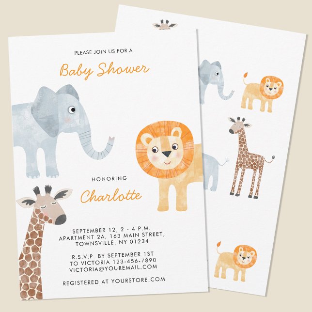 Cute Safari Animals Baby Shower-inbjudan Inbjudningar (Safari animal watercolor personalized baby shower invitation with original art by Nic Squirrell. )
