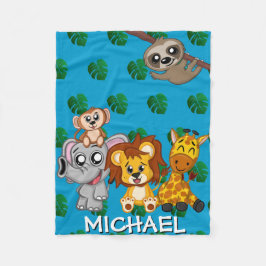 Cute Safari Animals Blue Tecknad Jungle Namn Boy Fleecefilt