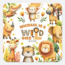 Cute Safari Animals Festive WILD ONE 1st Birthday Fyrkantigt Klistermärke