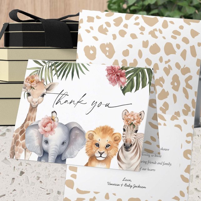 Cute Safari Animals flicka Shower Tack Kort (Baby Girl Shower Safari Animals, A little Wild One is on Her way themed Baby Shower Thank You cards.)