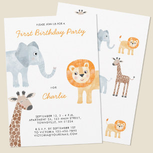 Cute Safari Animals första födelsedag Party Inbjudningar