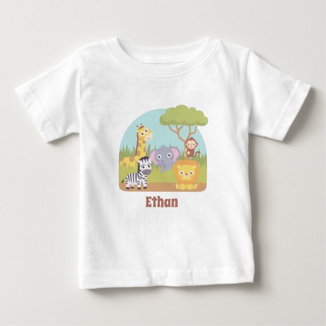 Cute Safari Animals, Giraffe, Lejon, Zebra Namn T Shirt (Framsida)