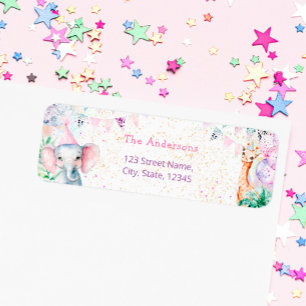 Cute Safari Animals Girl Birthday Returadress Etikett