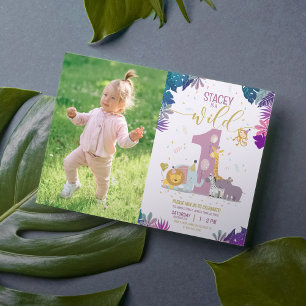Cute Safari Animals Girl Vild ett foto Birthday Inbjudningar