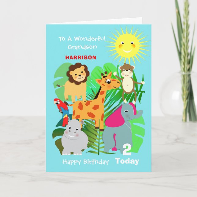 Cute Safari Animals Grandson Grattis på födelsedag Kort (Framsida)