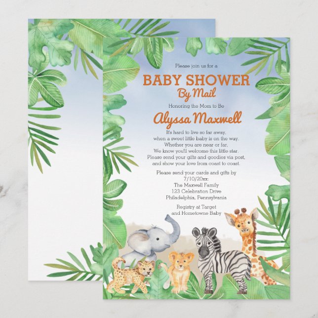 Cute Safari Animals | Grey Baby Shower by Mail Inbjudningar (Fram/baksida)