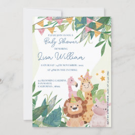 Cute Safari Animals Grönt Leafy Theme Baby Shower Inbjudningar