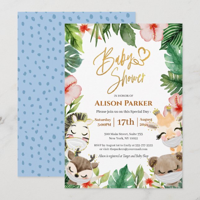 Cute Safari Animals Jungle Greenery Baby Shower Inbjudningar (Fram/baksida)