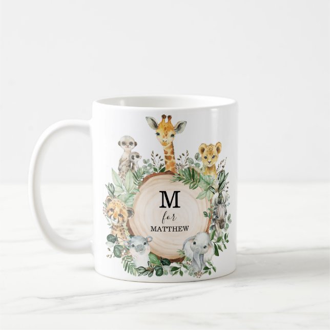 Cute Safari Animals Jungle Greenery Boy Monogram Kaffemugg (Vänster)