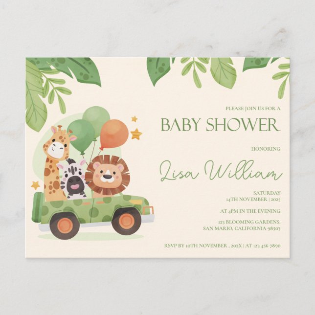 Cute Safari Animals Leafy Baby Shower-inbjudan Vykort (Framsida)