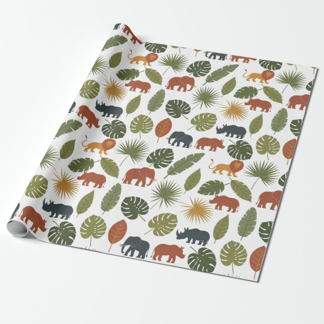 Cute Safari Animals & Leaves Birthday  Presentpapper (Utrullad)