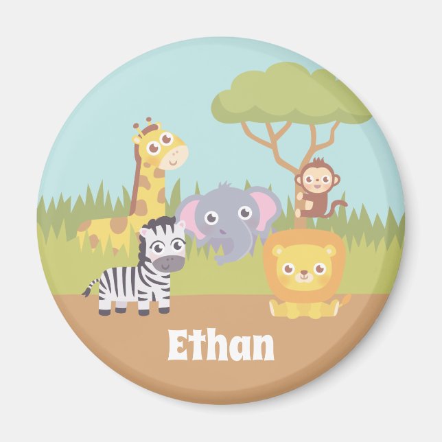 Cute Safari Animals Lejona Giraffe Zebra Monkey Magnet (Framsidan)