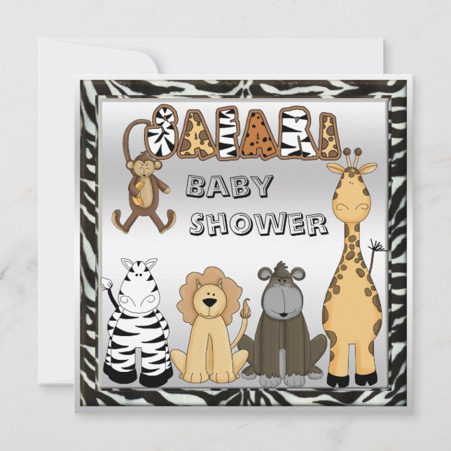 Cute Safari Animals Neutralt Silver Baby Shower Inbjudningar (Framsida)