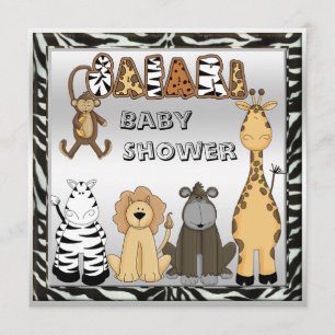 Cute Safari Animals Neutralt Silver Baby Shower Inbjudningar