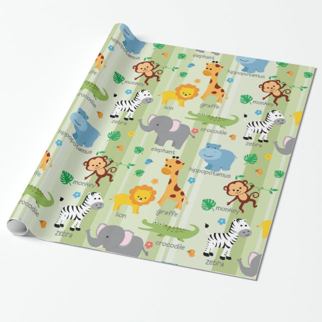Cute Safari Animals Nursery Mönster Presentpapper (Utrullad)