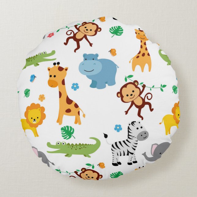 Cute Safari Animals Nursery Mönster Tote Bag Rund Kudde (Baksidan)