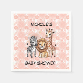 Cute Safari Animals Pink Florals Girl Baby Shower Pappersservett