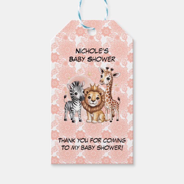 Cute Safari Animals Pink Florals Girl Baby Shower Presentetikett (Framsidan)