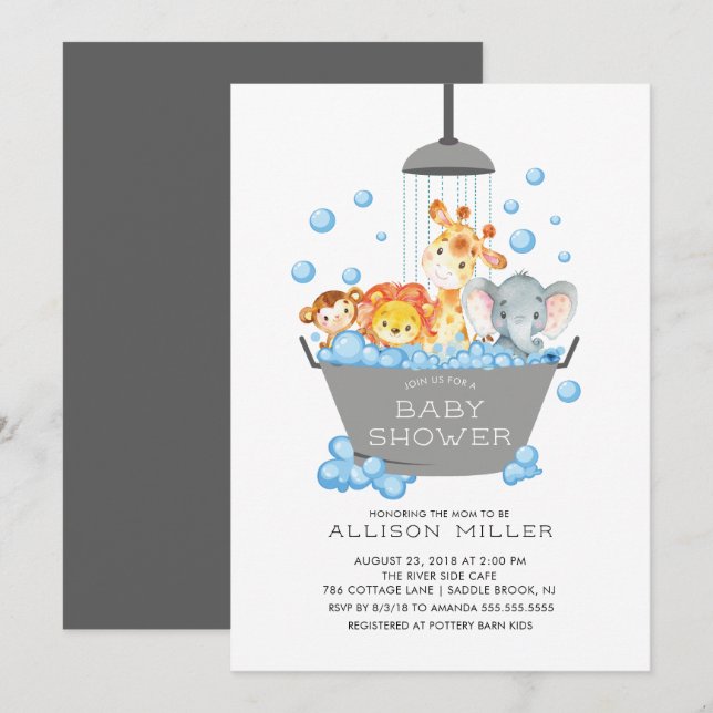 Cute Safari Animals Shower Baby-inbjudan Inbjudningar (Fram/baksida)