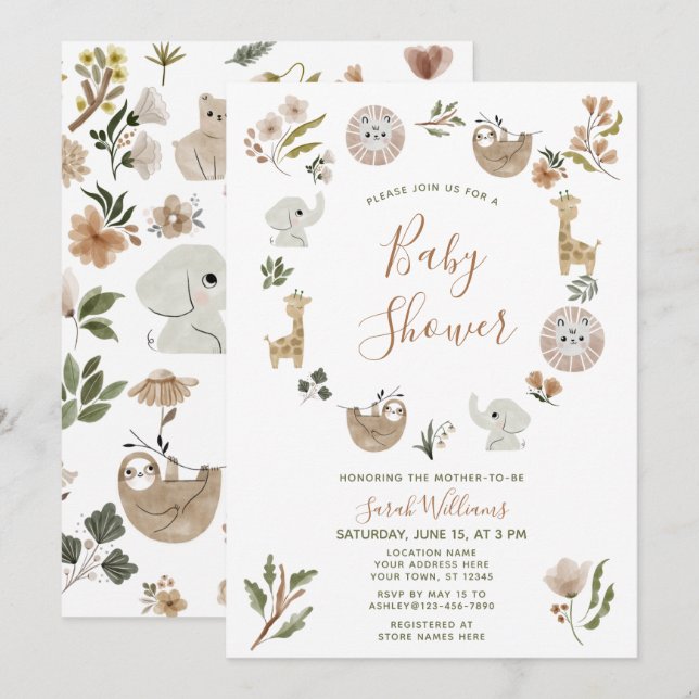 Cute Safari Animals skript Boho Baby Shower Inbjudningar (Fram/baksida)
