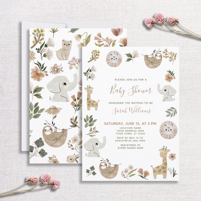 Cute Safari Animals skript Brown Boho Baby Shower Inbjudningar (Skapare uppladdad)