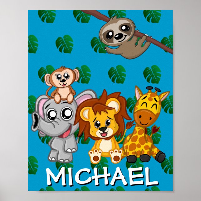 Cute Safari Animals Tecknad Jungle Namn Blue Poster (Framsidan)