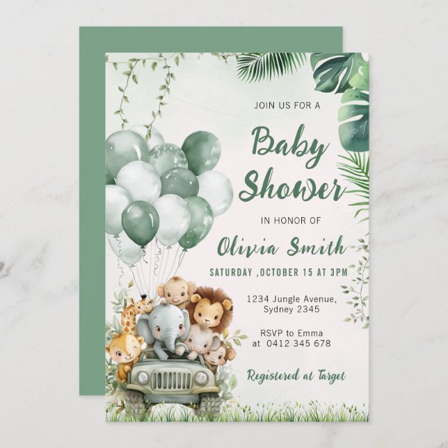 Cute Safari Animals, ungle Baby Shower Inbjudningar (Fram/baksida)