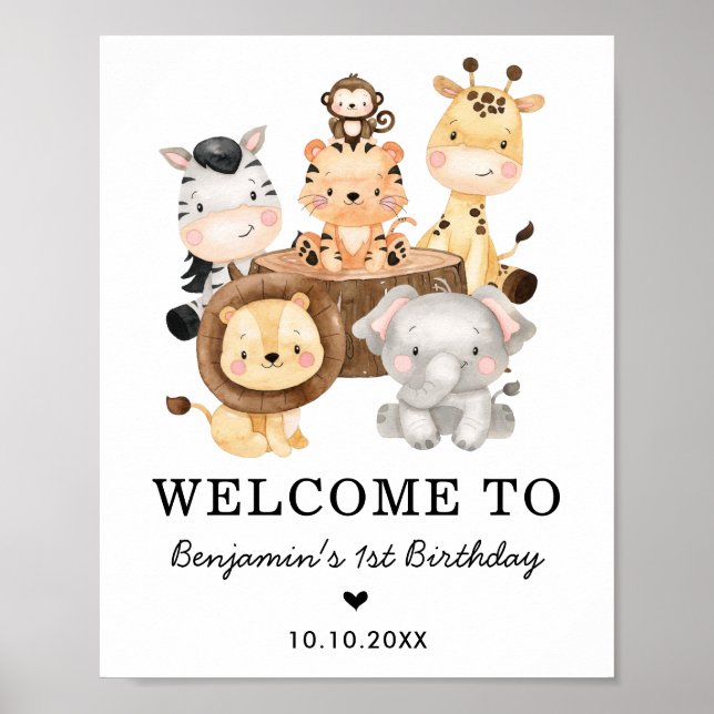 Cute Safari Animals Vild 1:a födelsedag Välkomna Poster (Framsidan)