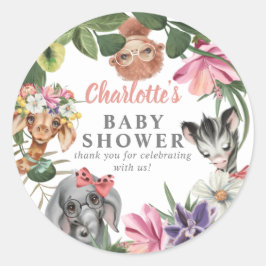 Cute Safari Animals Vild 1 Baby Shower för flicka Runt Klistermärke