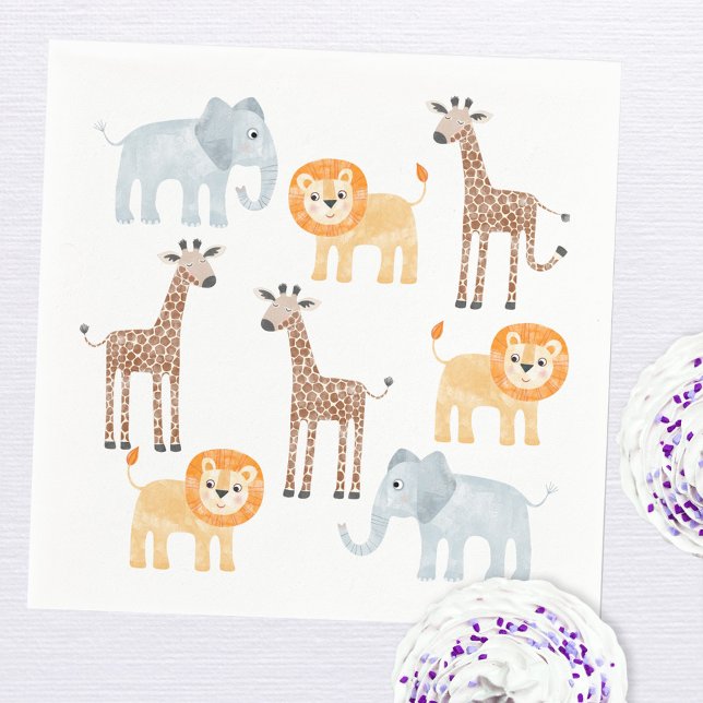 Cute Safari Animals Watercolor Mönster Pappersservett (Cute watercolor safari animal pattern paper party napkins)